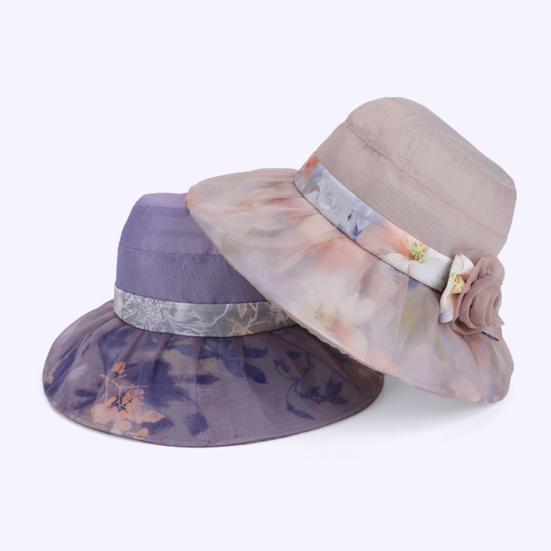 Women Sun Hat Mesh Yarn Wide Brim 3D Flower Decor Bucket Hat Outdoor UV Protection Beach Cycling Basin Hat