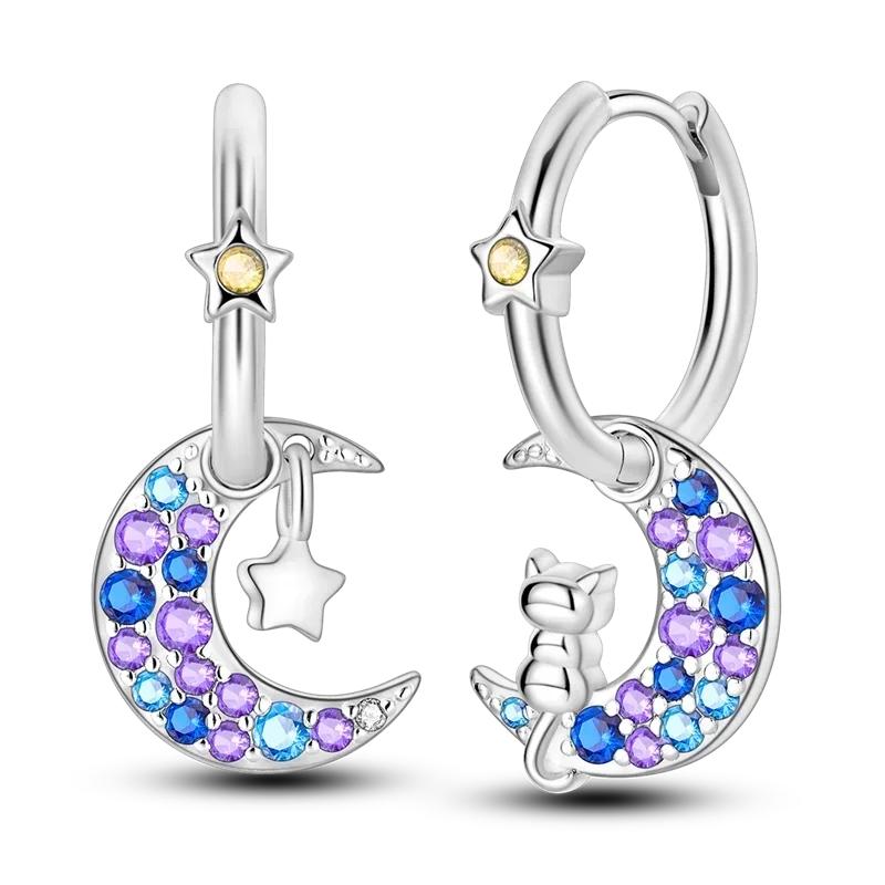 925 Silver Love Feather Moon Star Heart Earrings Fit Original Charms Hoop for Women Girls Stud Earring Jewelry Gifts