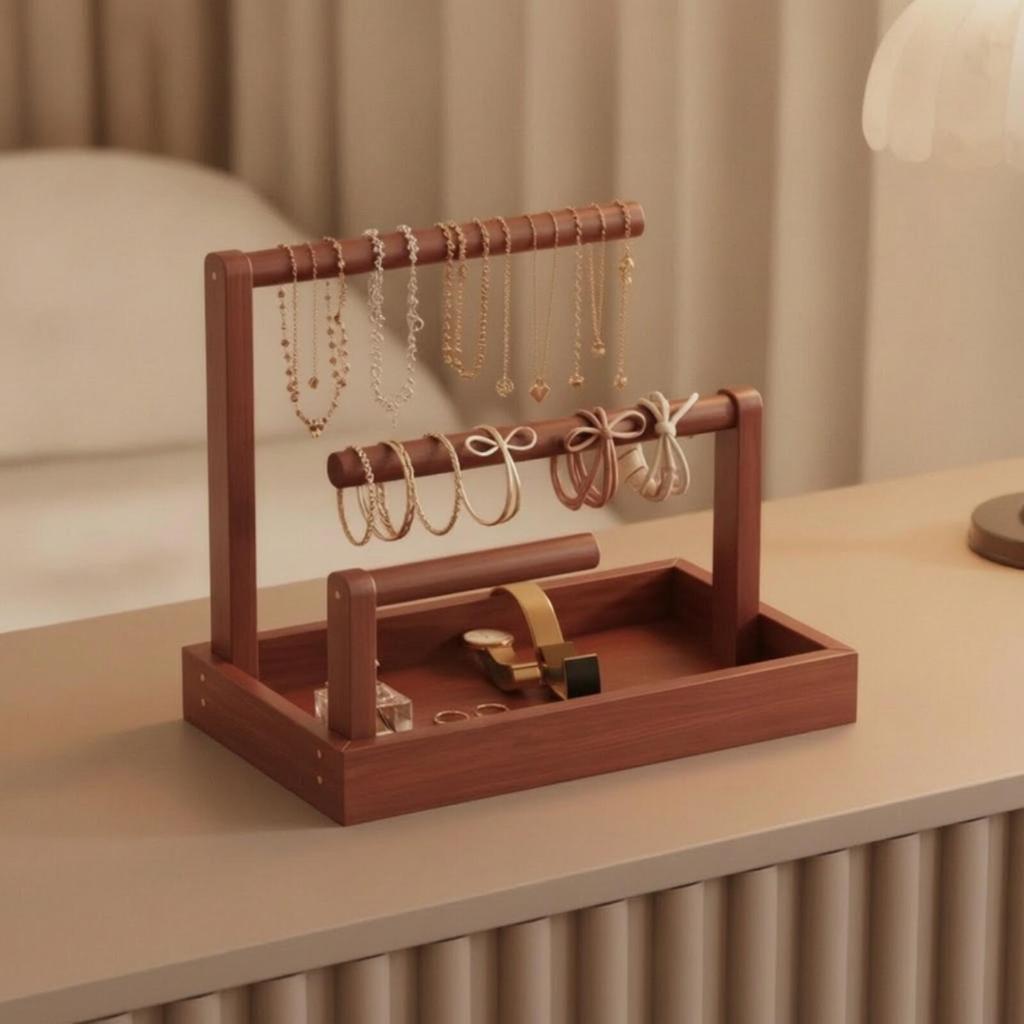 Wood-Look Jewelry Stand with Raised Tray Functional Tabletop Organizer