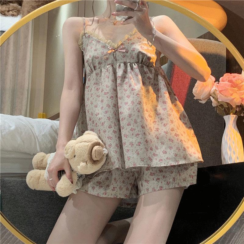 2023 Summer Women's Retro Floral Spaghetti Strap Long Pants Pajamas