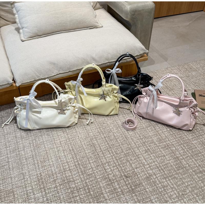 Brand Bow Lace Tote Bag Women Large Capacity Star Charm Handbag Soft Leather Drawstring Shoulder Bag Korean Commut Bucket Bag