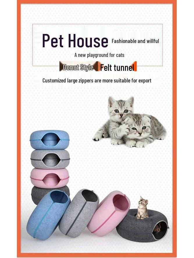 Donut Tunnel Style Felt Cat Bed - Breathable, Removable, Washable, All-Season Use