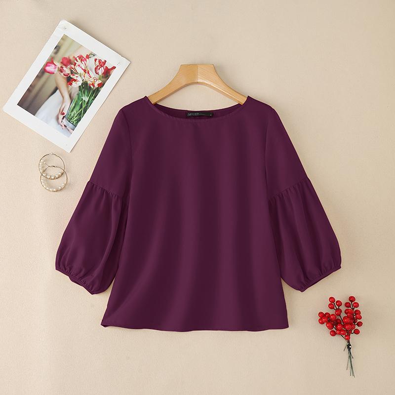 ZANZEA Women Summer Round Neck Loose 3/4 Sleeve Plain Blouse