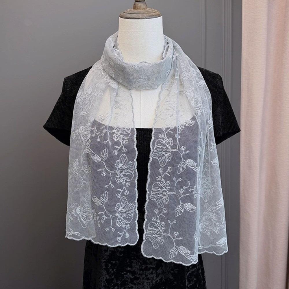 Literary Retro Women's Lace Scarf Solid Color Long Female Headscarf Korean Version Embroidered Flower Sunscreen Shawl