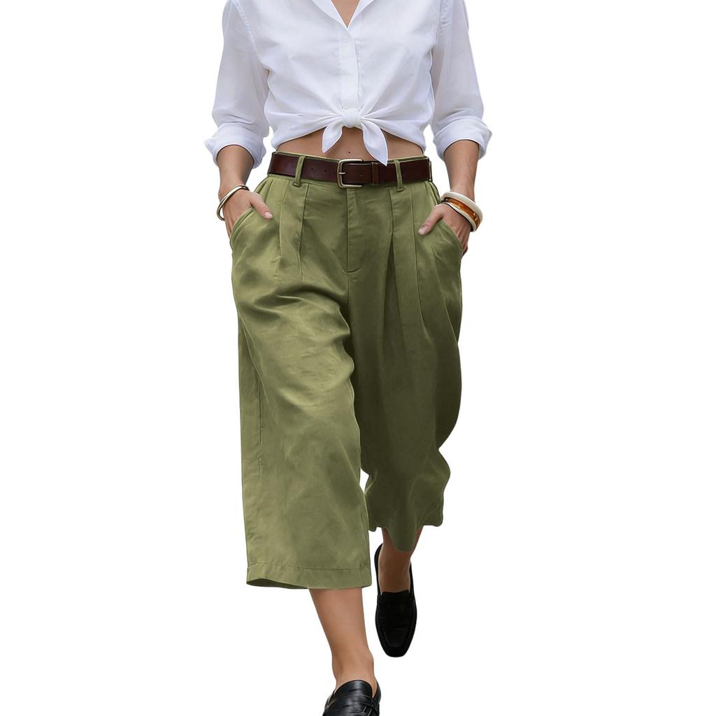 Women’s Casual Loose Fit Cropped Pants with Pockets Relaxed Mid Waist Wide Leg Seven Quarter Length Trousers for Everyday Wear