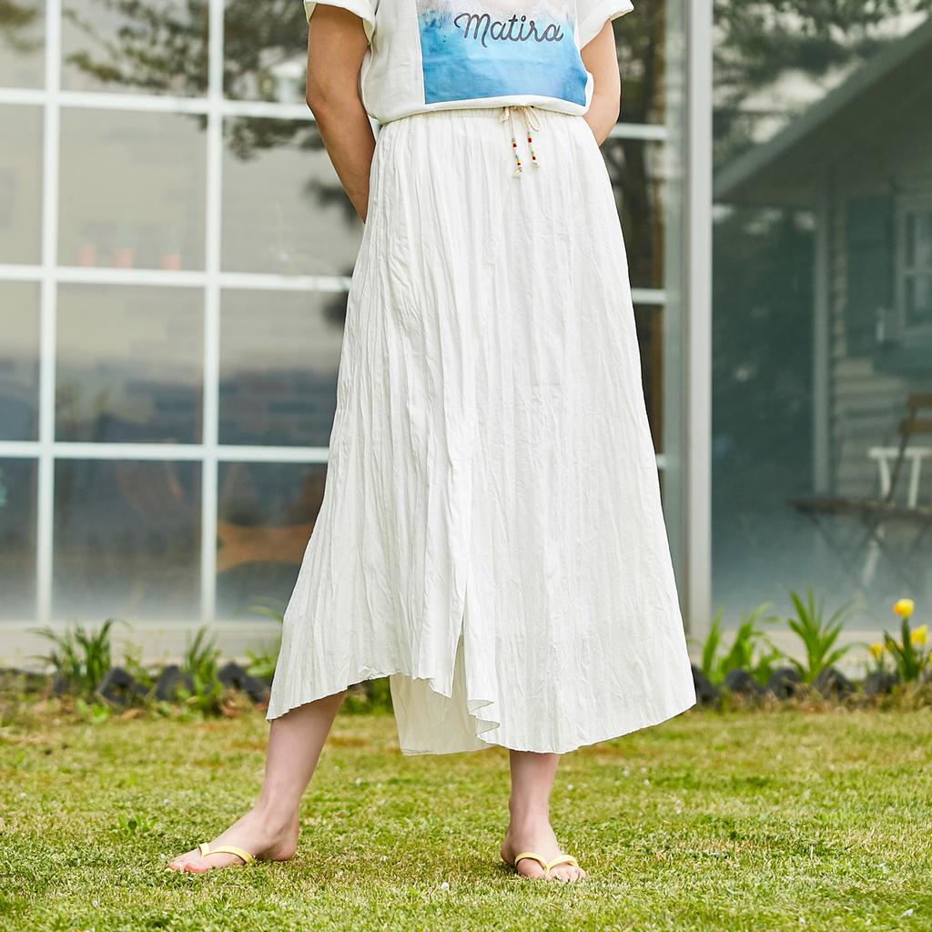 Pin Black Cotton Crease Long Skirt White