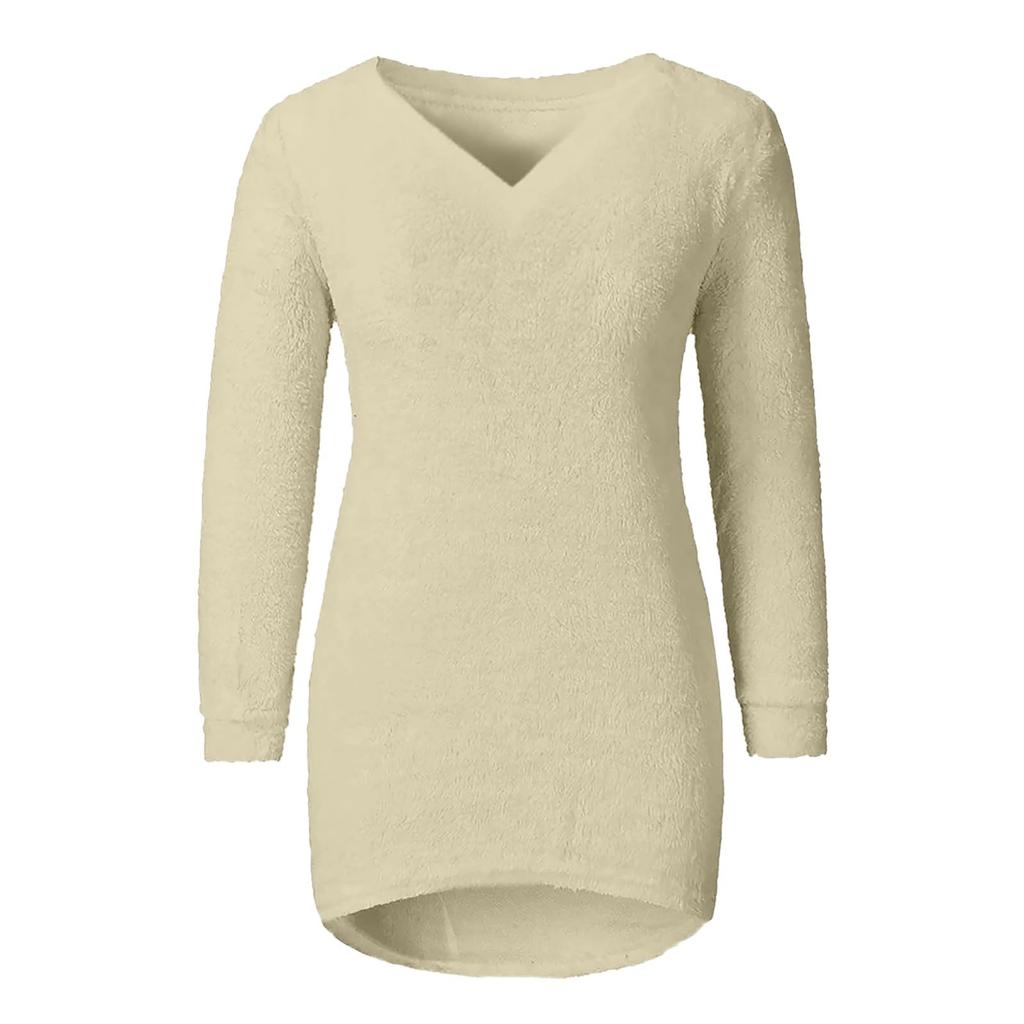 Womens Cute Sweaters Casual V Neck Fleece Pullover Long Sleeve Thermal Soft Fuzzy Sweater Winter Clothes