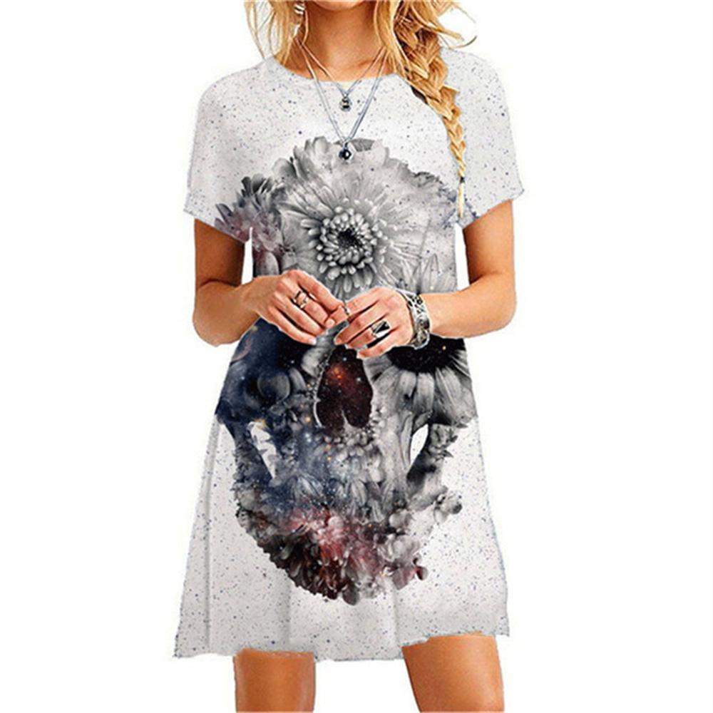 Sexy Slim Women's Dress Short Sleeve Skull Digital 3D Print Fashion V-Neck Women Clothes Summer Solid Color Casual A-line Dress