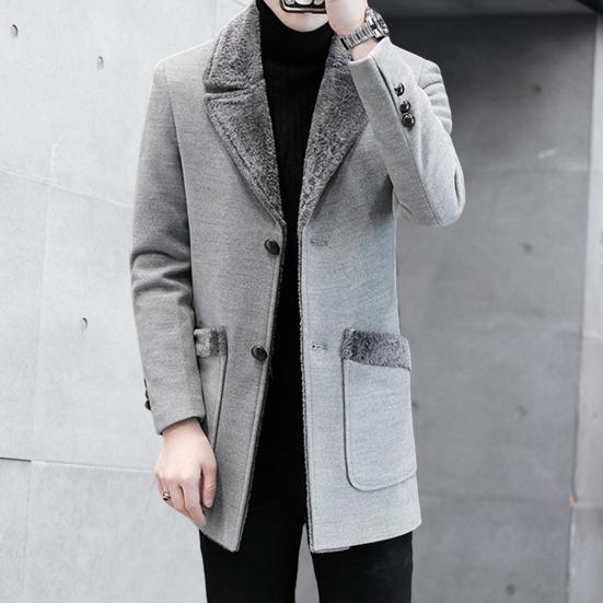 Men Business Jacket Medium Length Single-breasted Solid Color Plush Collar Autumn Winter Woolen Coat Windbreaker Streetwear