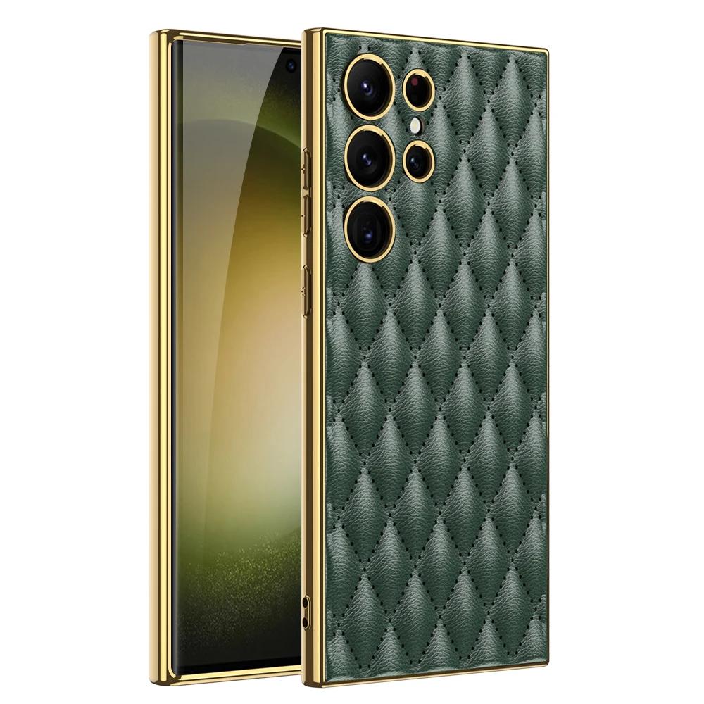 For Samsung Galaxy S24 Ultra Plus Case Luxury Electroplated Plain Leather Soft Silicone All Inclusive Shockproof Protection Case