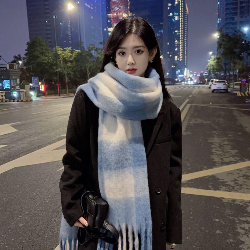 Korean Style Plaid Mohair Scarf - Women's Winter Imitation Cashmere Shawl