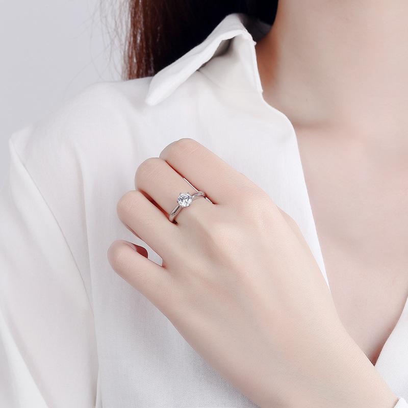 S925 Sterling Silver Classic Six-Claw Sterling Silver Ring Open Ring Women's Affordable Luxury Style Versatile Proposal Inlaid Ring Silver