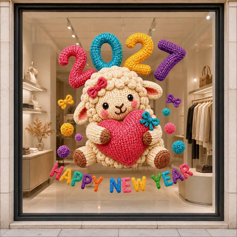 2027 New Year Window Stickers Cute Crochet Sheep Pattern Removable Self Adhesive For Home Shop Holiday Window Decoration