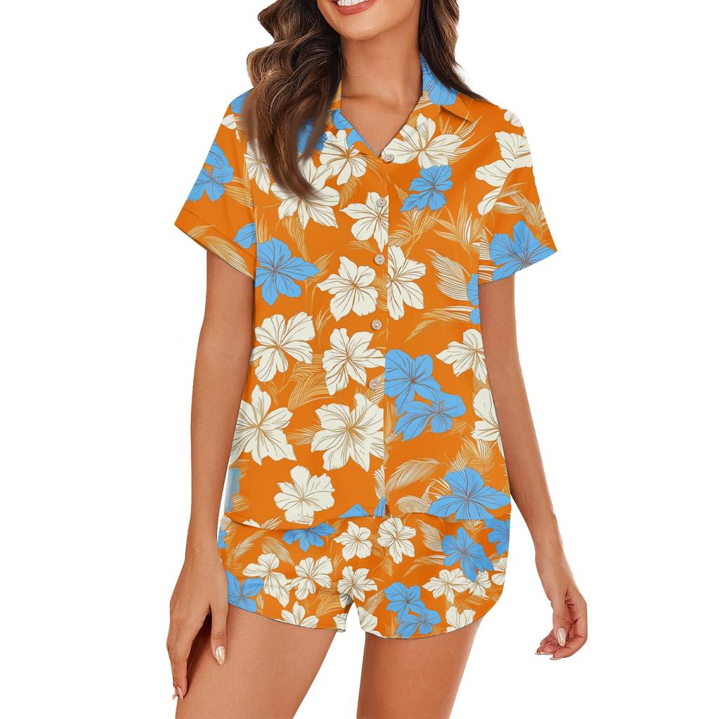 Women's Ice Silk Pajamas Button Homewear Hawaiian Print Short Sleeve Satin Pajama Set