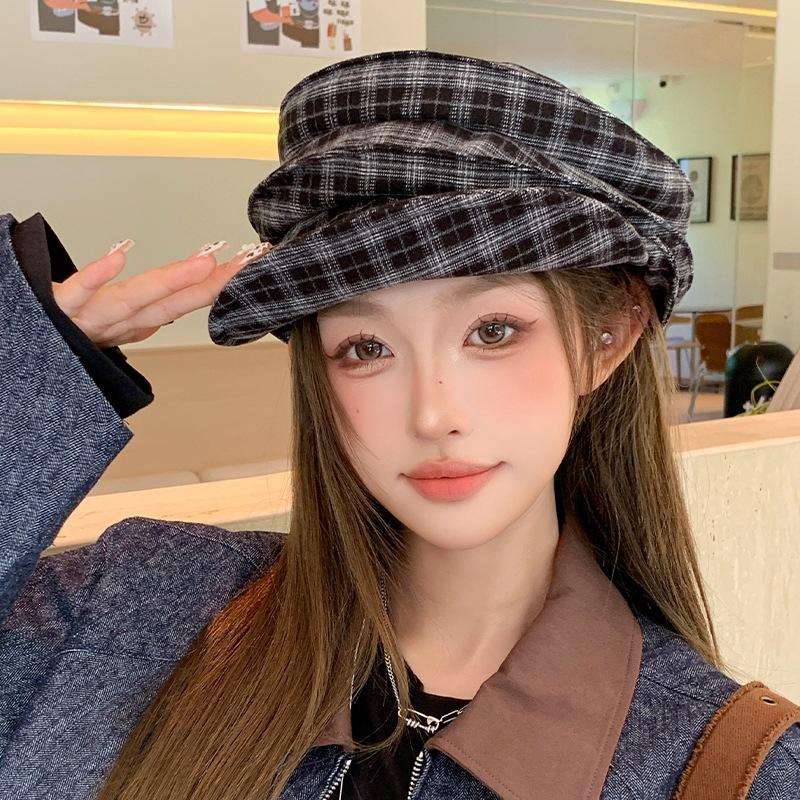 Japanese Literary And Retro Plaid Beret Women'S Spring And Autumn Versatile Newsboy Hat Personalized Casual Beret Tide