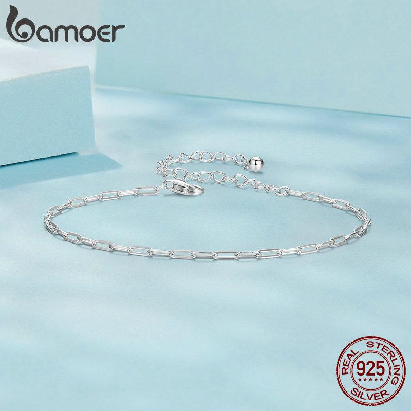BAMOER Solid 925 Silver Square Chain Bracelets for Women, White Gold Plated Handmade Basic Bracelets Birthday Gift