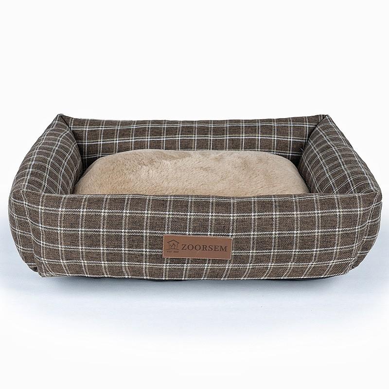 Warm Fleece-Lined Square Pet Bed Dogs Cats Fabric Kennel House In Gray Coffee Plaid Sizes S M L XL
