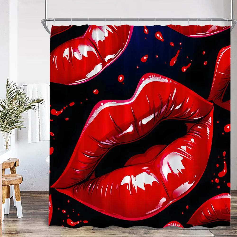 Rote High Heels Duschvorhänge Kosmetik Rote Lippen Rosa Badezimmerdekorationen Modernes Mode-Mädchen Schönheit Badevorhang mit Haken
