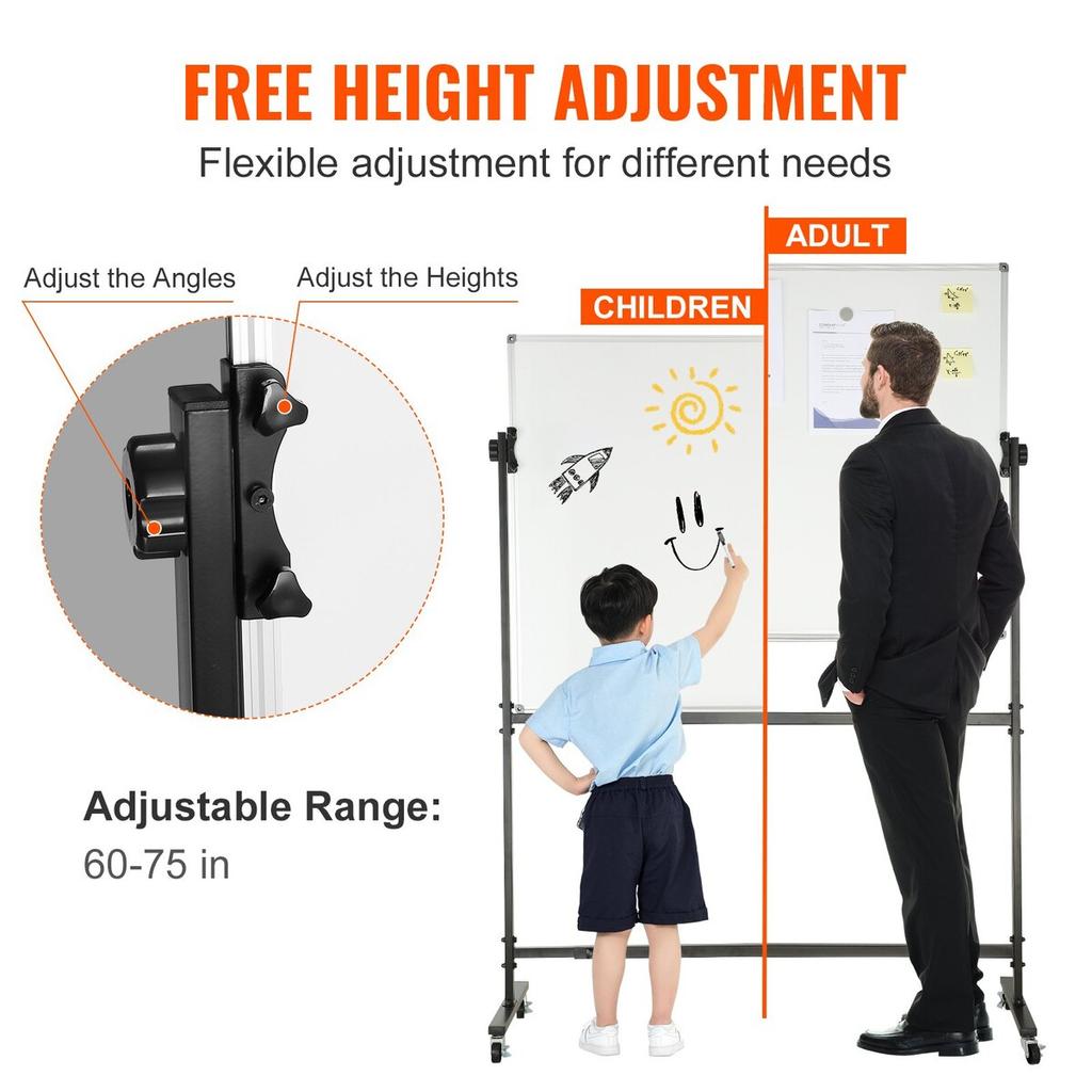 Rolling Whiteboard, 48x32 Inch Double-Sided Magnetic Mobile Whiteboard, 360° Reversible Adjustable Height Dry Erase Board with Wheels & Movable Tray