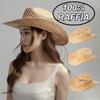 Natürlicher Handgewebter Raffia Stroh Sonnenhut Damen Sommer Westlicher Sonnenschutz Cowboy Strohhut Mode Gekrümmte Krempe Strand Panama Hut