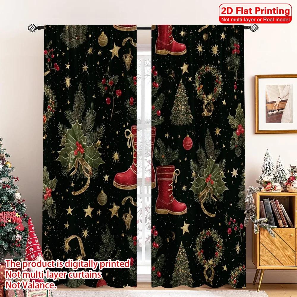 Set Of 2 Flat Printing Merry Christmas Party Curtains Santa Boots Ball Tree Retro Green Red Digital Printed Polyester Drapes Curtain