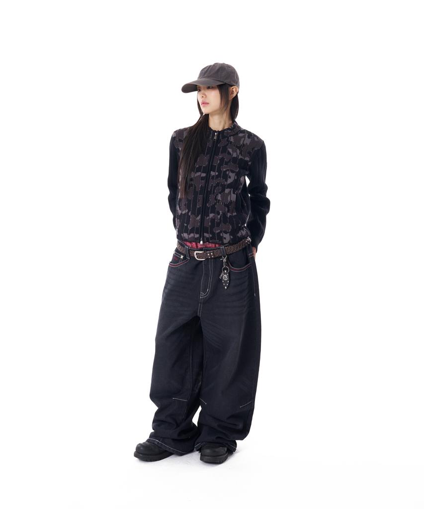 Aakam Camouflage Knit Zip-Up Cardigan (Black)