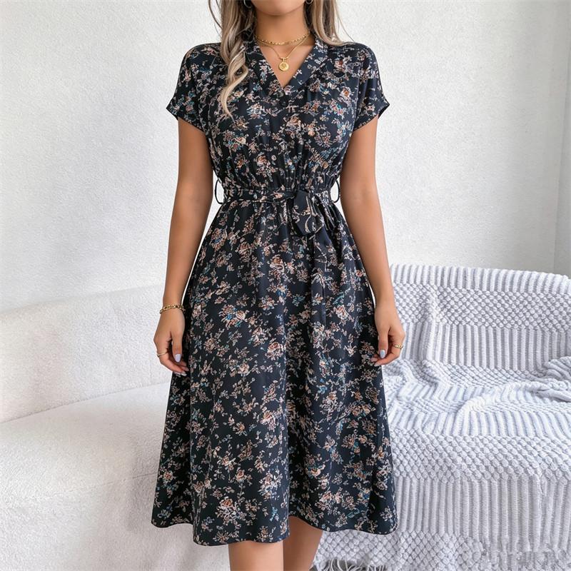 V-Neck Print Dress Women Belt Knee-Length S-6XL