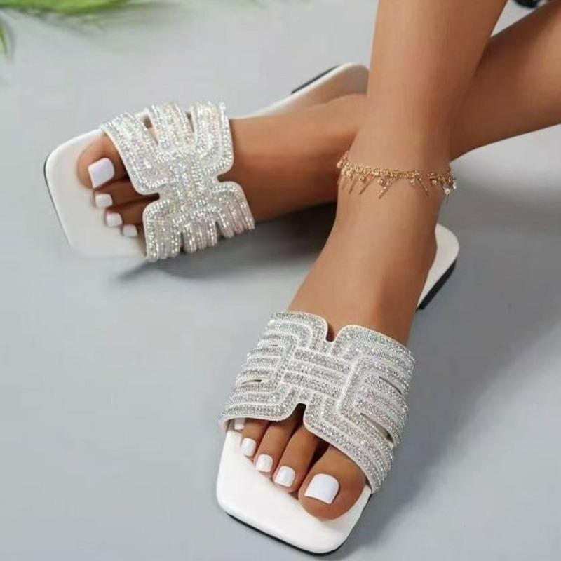Summer Women Slippers  Outdoor Rhinestone Slippers Fashion Non-Slip Beach Shoes Comfortable Square Heel Sandals Slides Women