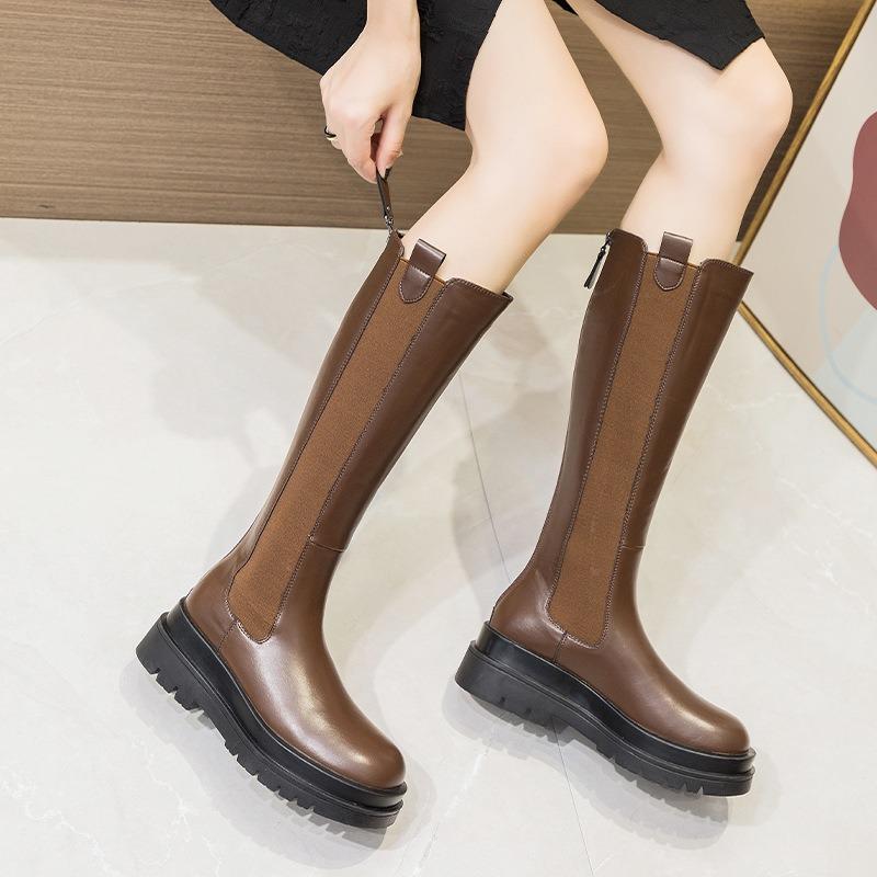 Leather high boots but knee women's autumn and winter new cigarette boots fashionable versatile and thin platform boots children