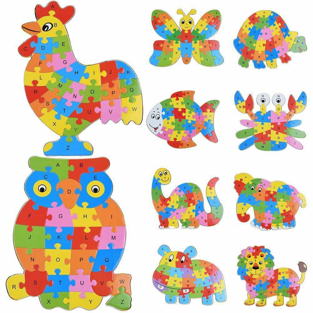 Wooden Puzzle Baby Kids Toddler Jigsaw Alphabet Letters Animal Learning Toys