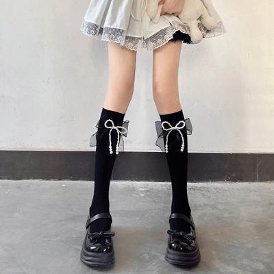 Autumn Winter Versatile Pearl Bowknot Lolita Cotton Knee High Socks Niche Design Calf Socks with Pearl Embellishment Sweet Girlish Style
