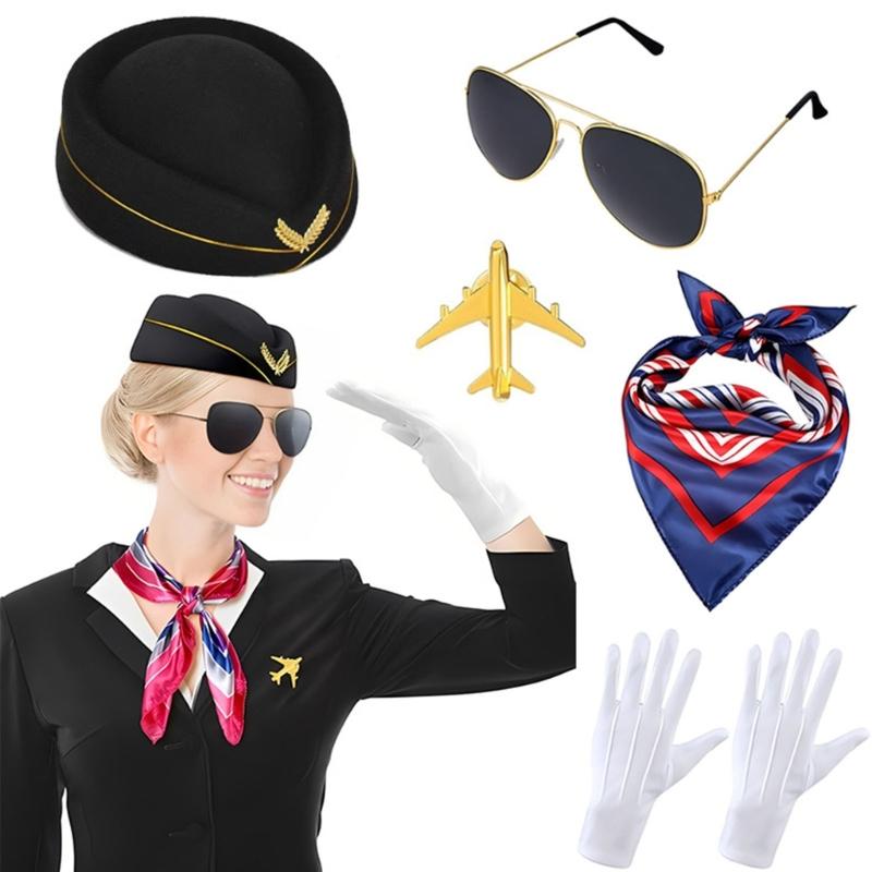 Airline Captain Costume Make Up Set Stewardess Make Up Hat Comfortable Fabric Uniform for Theme Event