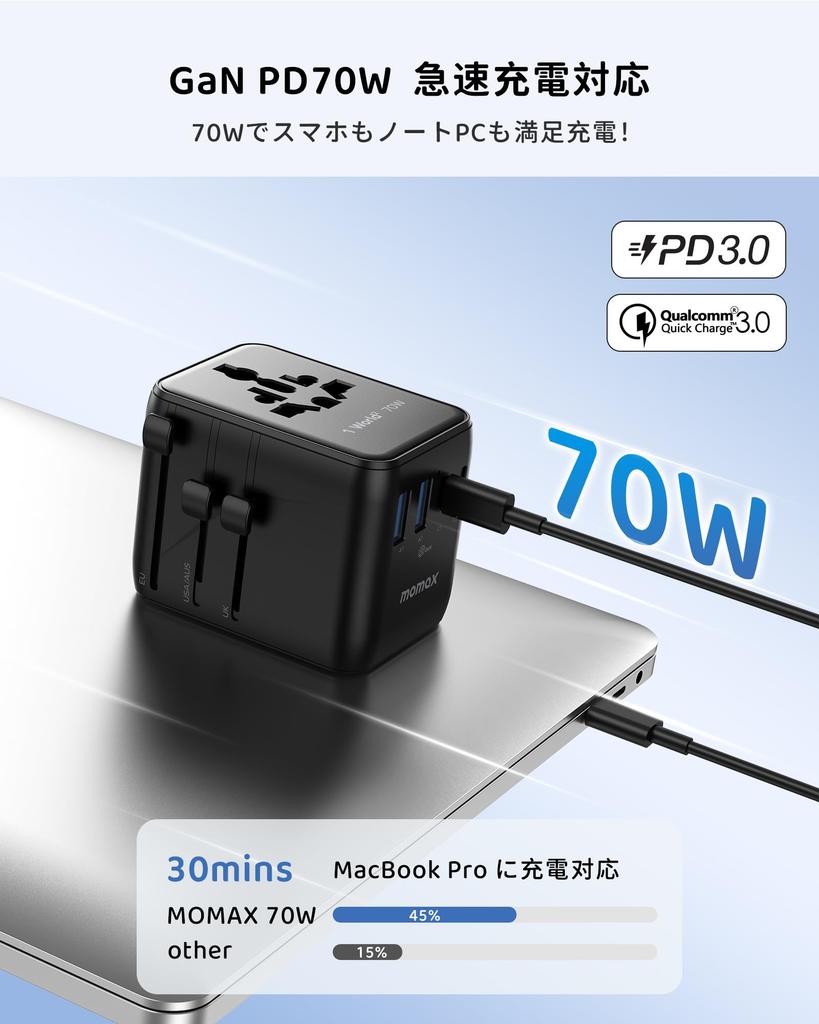 Ulepszona wtyczka konwersyjna MOMAX PD 70W GaN szybkie ładowanie wtyczka konwersyjna do podróży zagranicznych ładowanie 7 urządzeń jednocześnie gniazda PD QC 2 AC