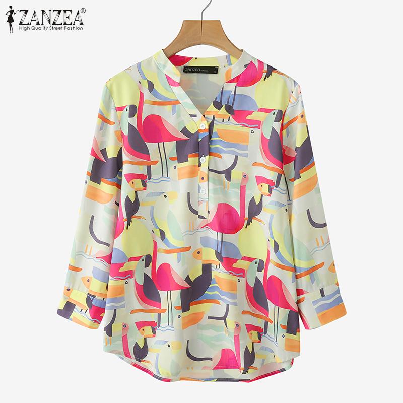 ZANZEA Bluză casual de damă cu gât în V, mâneci 3/4, croială largă și imprimeu