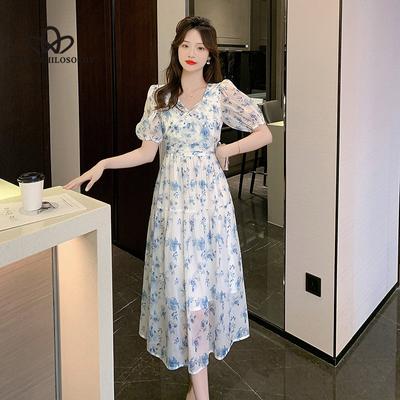 Summer New French Retro Chiffon Floral Tea Break Dress Strap V-Neck Short Sleeve Dress Casual Beach Dress