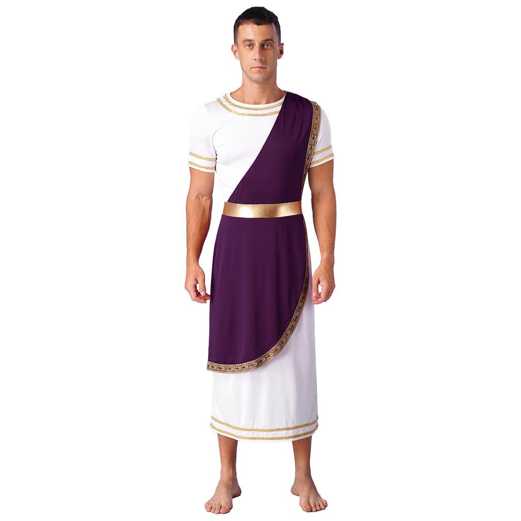 Mens Halloween Ancient Greek Toga Costume Short Sleeve Retro Gold Decoration Cosplay Roman Robe