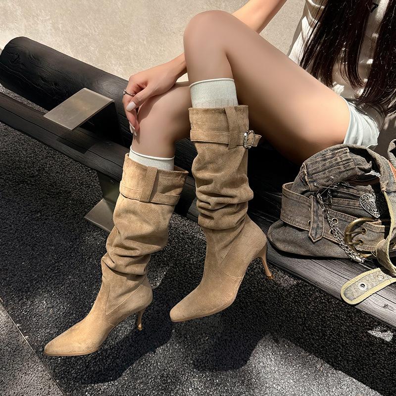 2025 Autumn and Winter Versatile Skinny Pile Boots Pointed Thin Heel High Heel Boots Women's Maillard But Knee Boots