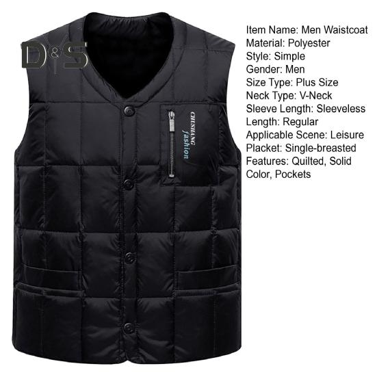 Men Waistcoat V-Neck Sleeveless Solid Color Single Breasted Vest Coat with Pockets Windproof Thickened Quilted Bottoming Vest Jacket