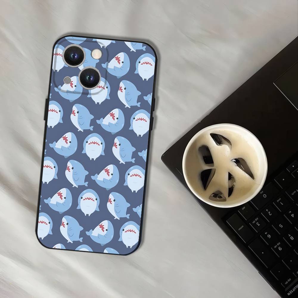 Cute Cartoon Blue Shark Phone Case For iPhone 17,16,15,14,13,12,11,Pro,XS,Max,XR,Plus,E,SE4,Mini Black Soft Cover
