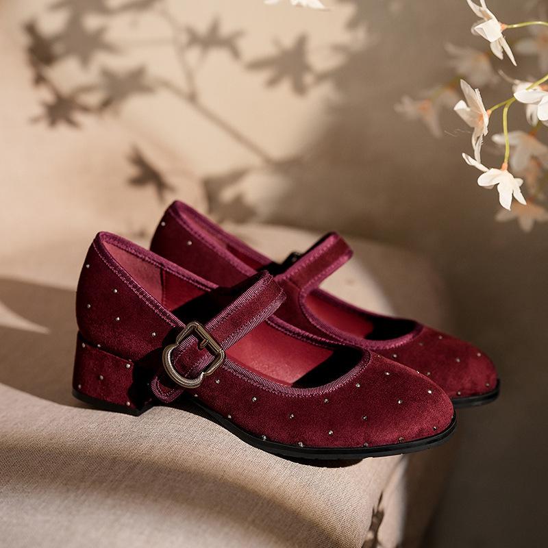 

Туфли Мэри Джейн в горошек черные женские на толстом каблуке с круглым носком ремешок на одно слово одинарные туфли кашемир весна и осень 39 бордовый