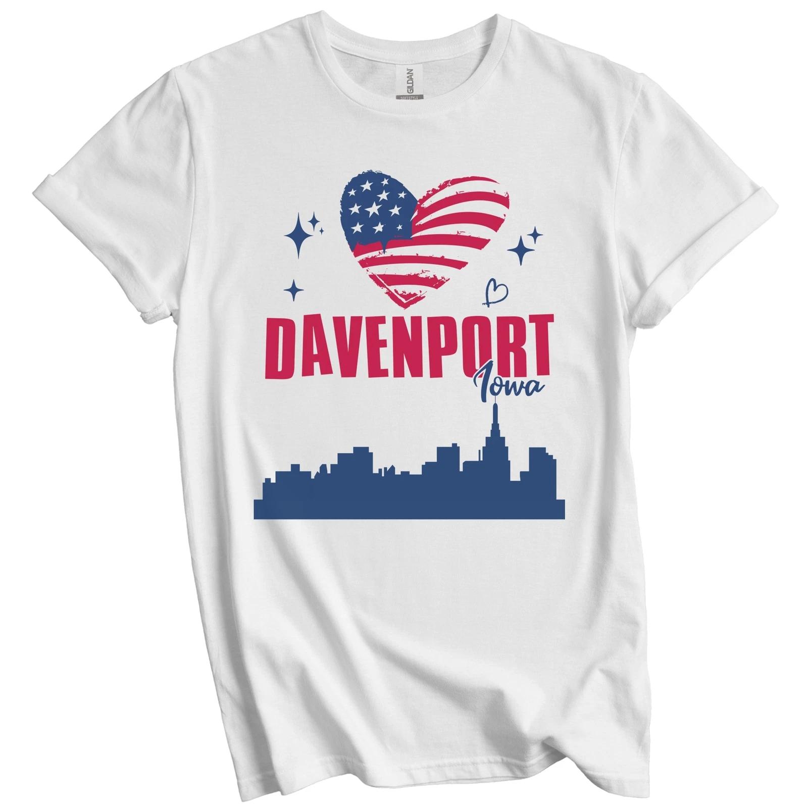 Davenport Iowa Skyline American Flag Heart 4th of July T-Shirt L
