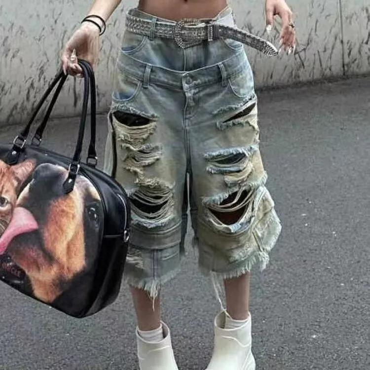 Damen Sommer Gewaschen Gerissen Alt Denim Cropped Hosen Street Gerade Baggy Jeans Lockere Jeans Weite Hosen