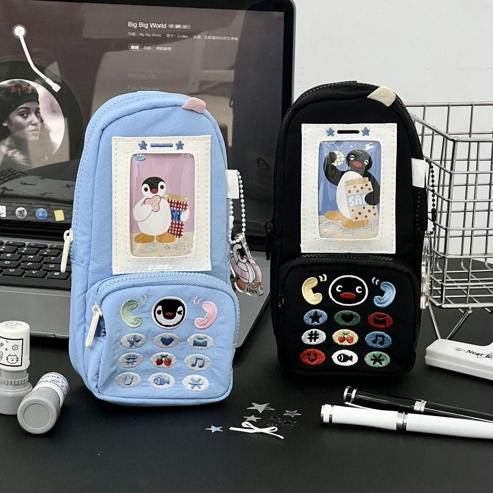Kawaii Canvas Pen Bag Penguin Embroidery Large Capacity Stationery Pouch Phone Shape Stationery Organizer Students Gift