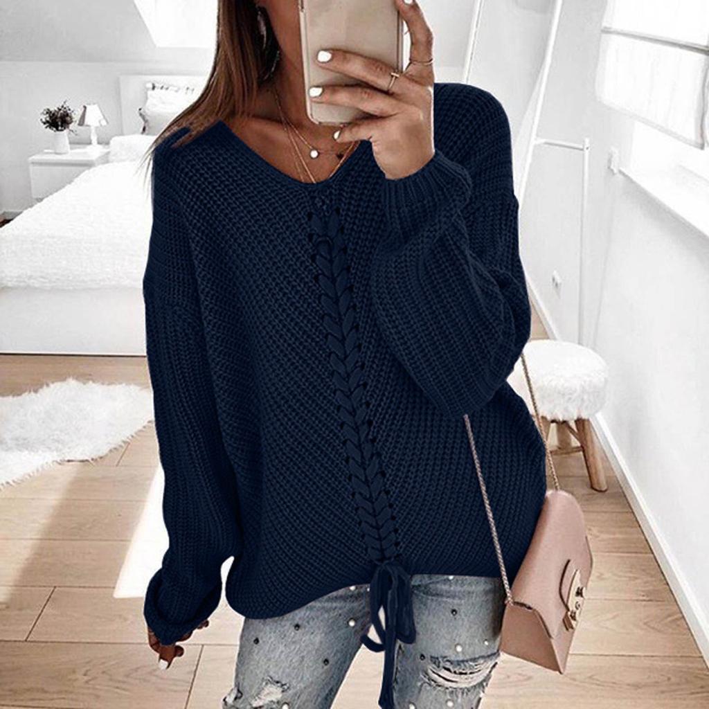 Women's Sweater Casual Long Sleeve V Neck Solid Loose Chunky Knit Pullover Tops