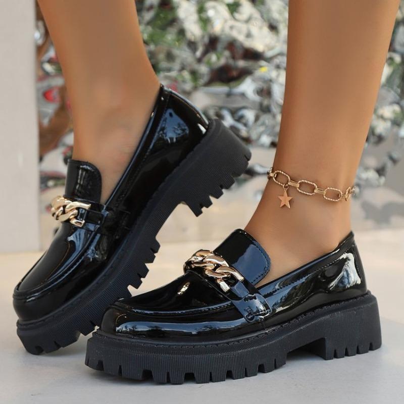 Fashion 2025 Female Shoes Women Fashion Mary Janes Round Toe Flats Loafers Oxfords Platform Casual Metal Chain Buckle Ladies Heels Black