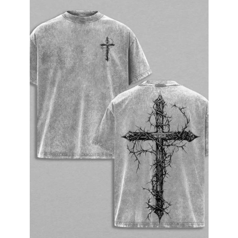 European Sizes Men'S Faded Tee with Short Sleeves, Featuring a Thorn Cross Design, Stylish Perfect for Everyday Use Vintage T-Shirt for Men