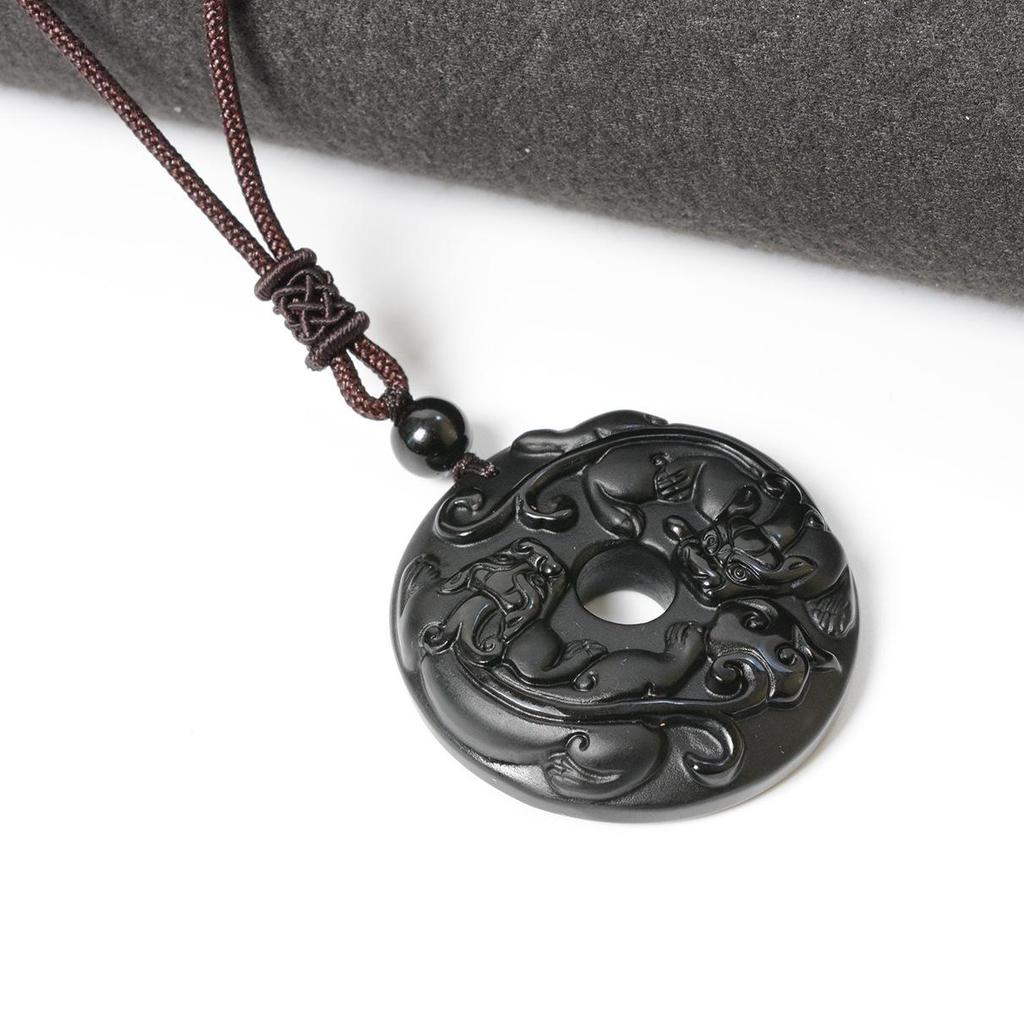 Obsidian Dragon Double Pixiu Peace Pendant Necklace for Men and Women