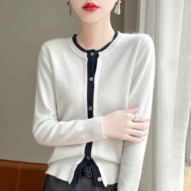 2024 A/W Women's Faux Two-Piece Wool Knit Patchwork Cardigan - Color Block, Loose Fit, Short Stylish Sweater Jacket
