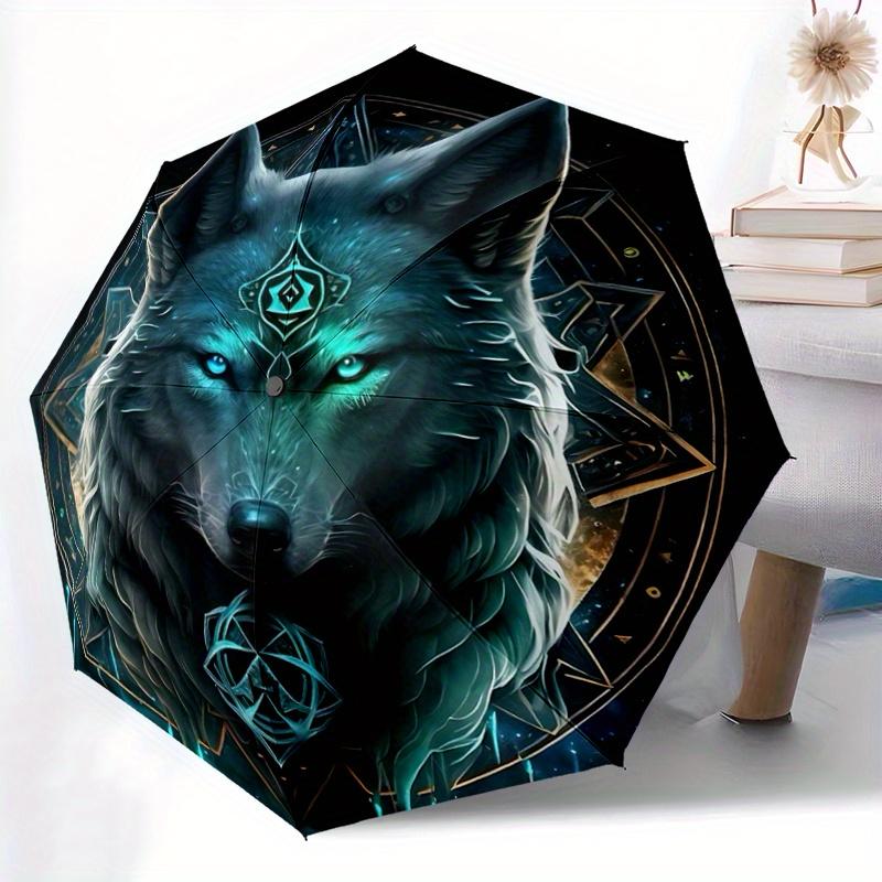 1 Stück Verzauberter Wolf Automatisches Öffnungs- und Schließschirm - Leichtes 3-fach Design, Geeignet für Fans, Reisen, Täglichen Gebrauch, Interessante Form, C