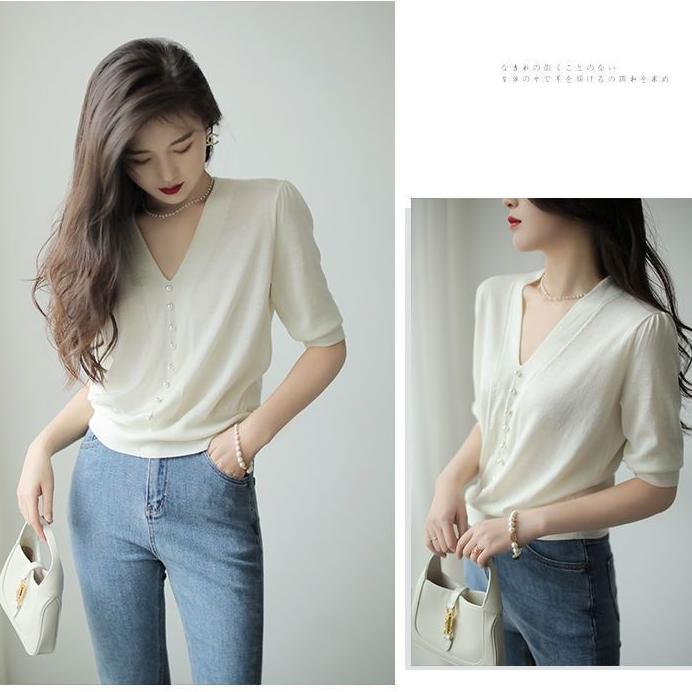 Summer Knitted Sweater Women Half Sleeve V-Neck Knitted Top Thin Loose Pearl Knitted T-shirt